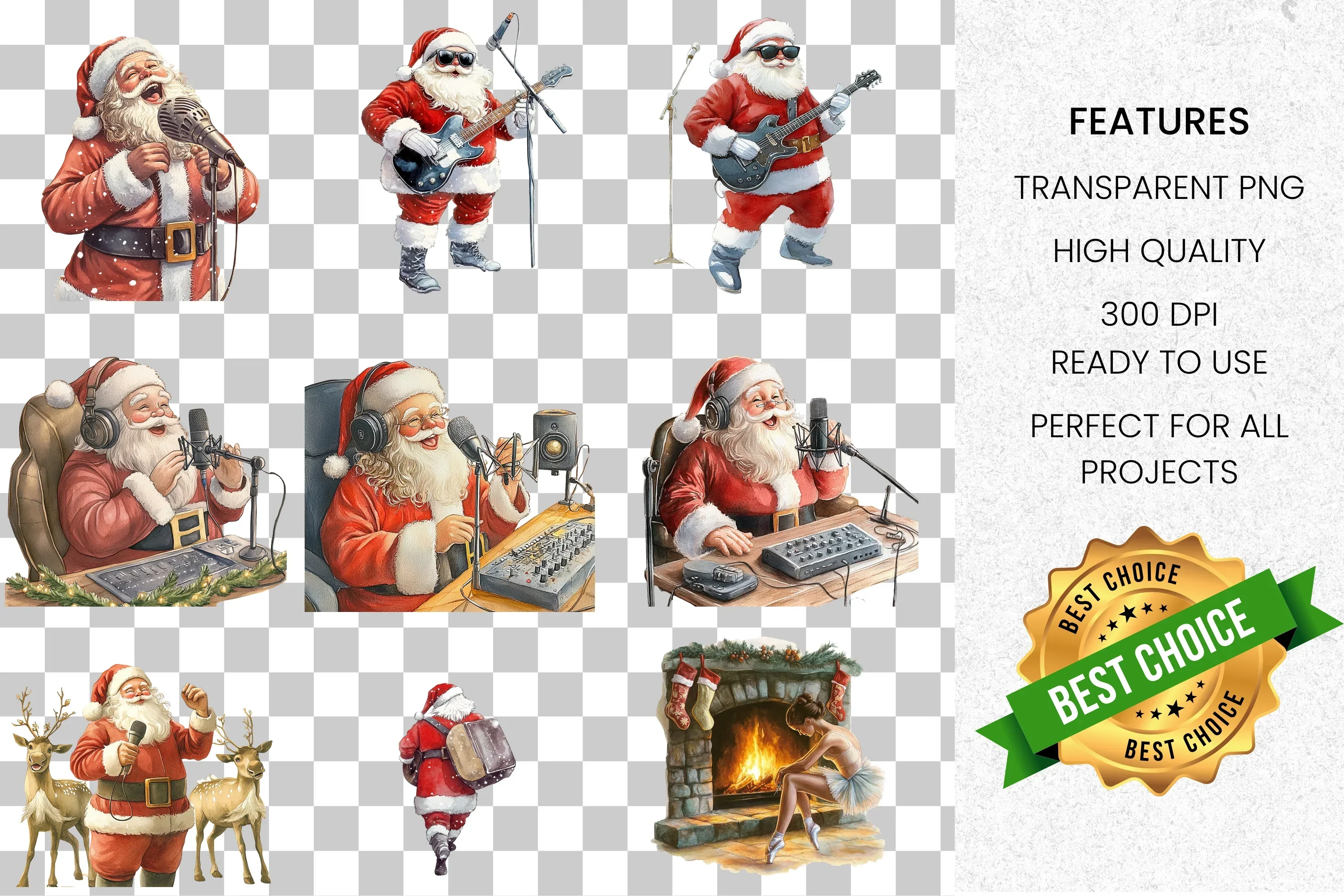 Rockstar Santa & Cozy Christmas Scene Clipart Bundle - Image 2