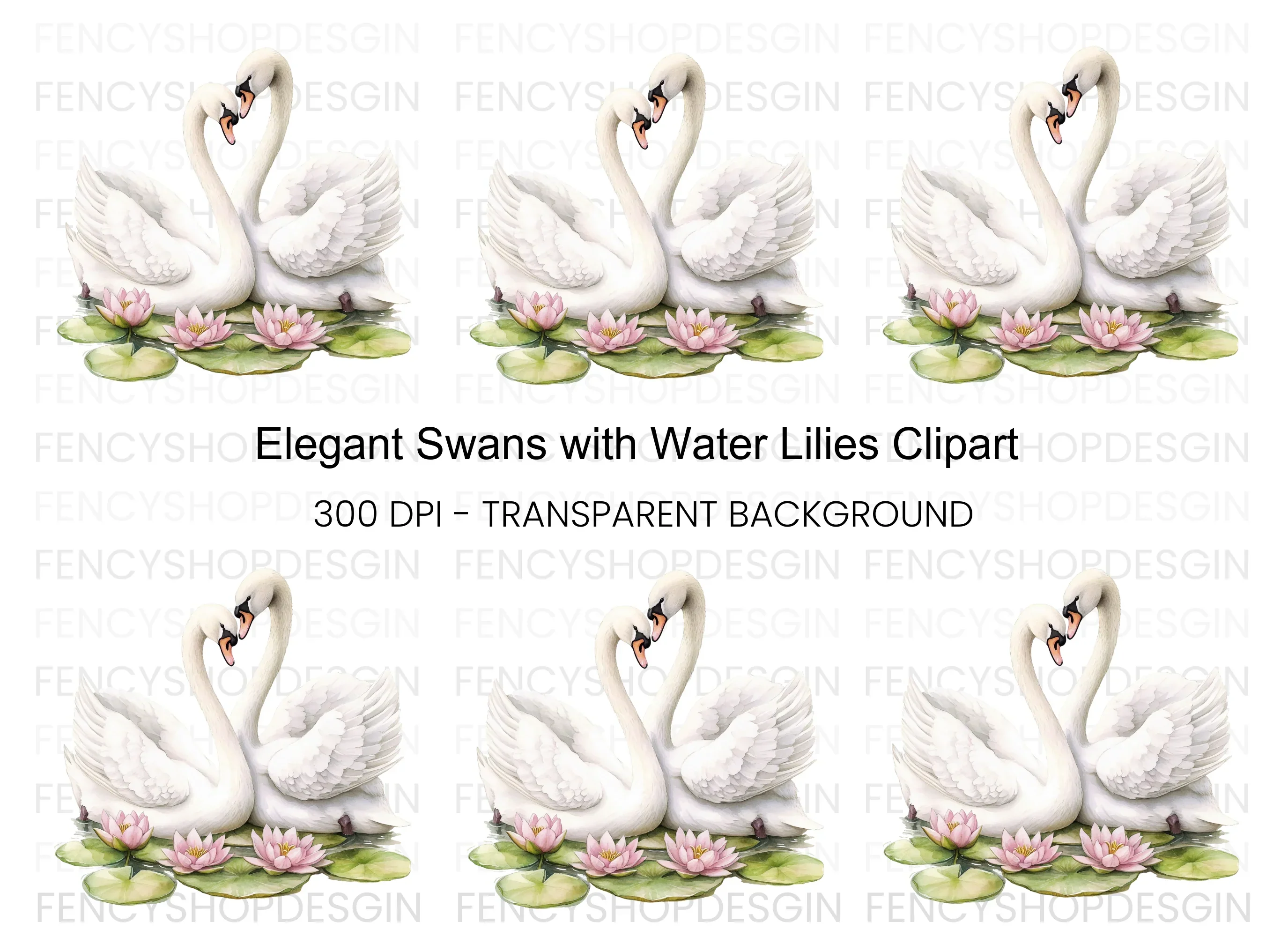 Romantic Swans with Water Lilies Clipart Bundle