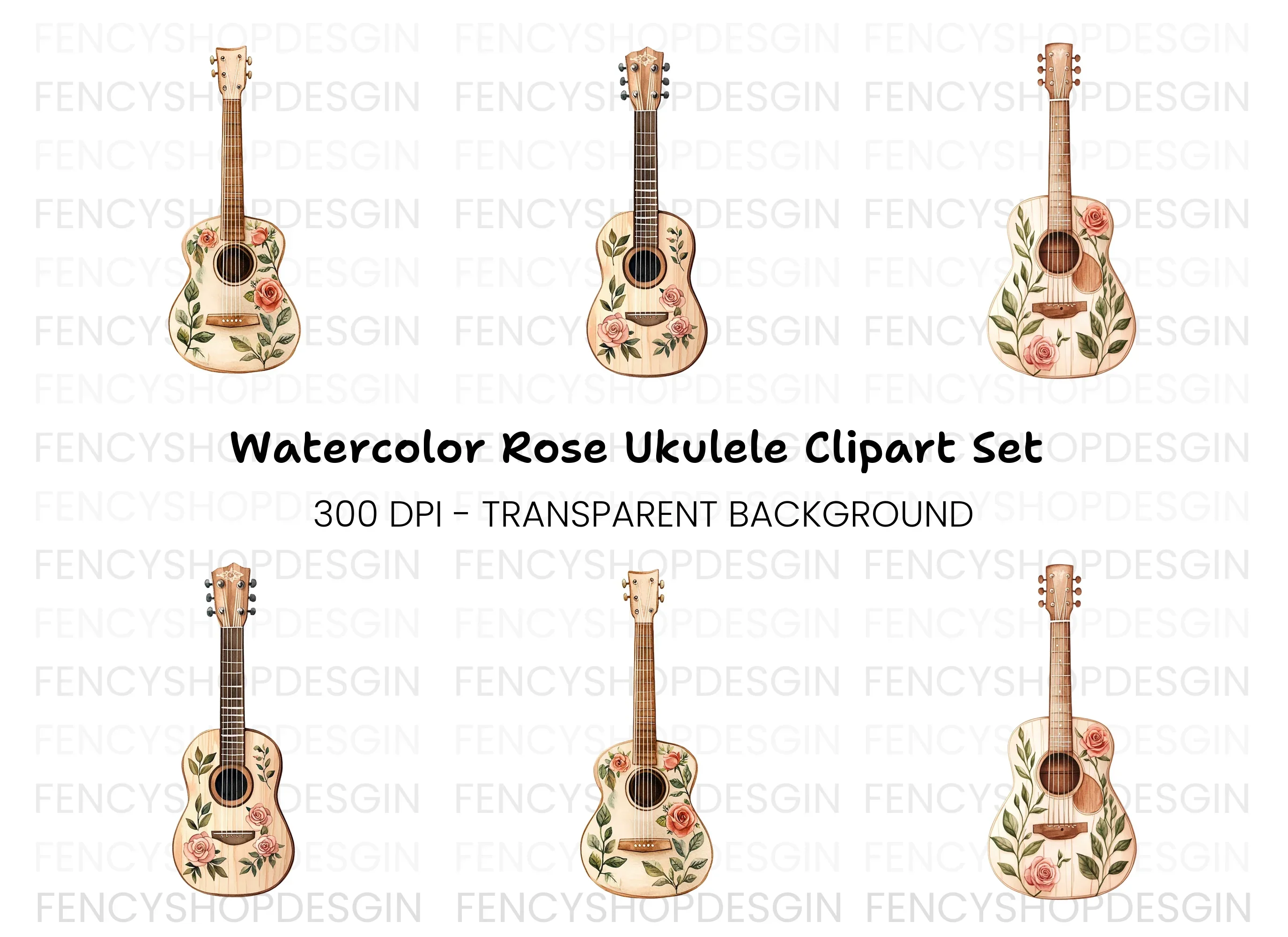 Rose Decorated Acoustic Guitar Clipart Bundle