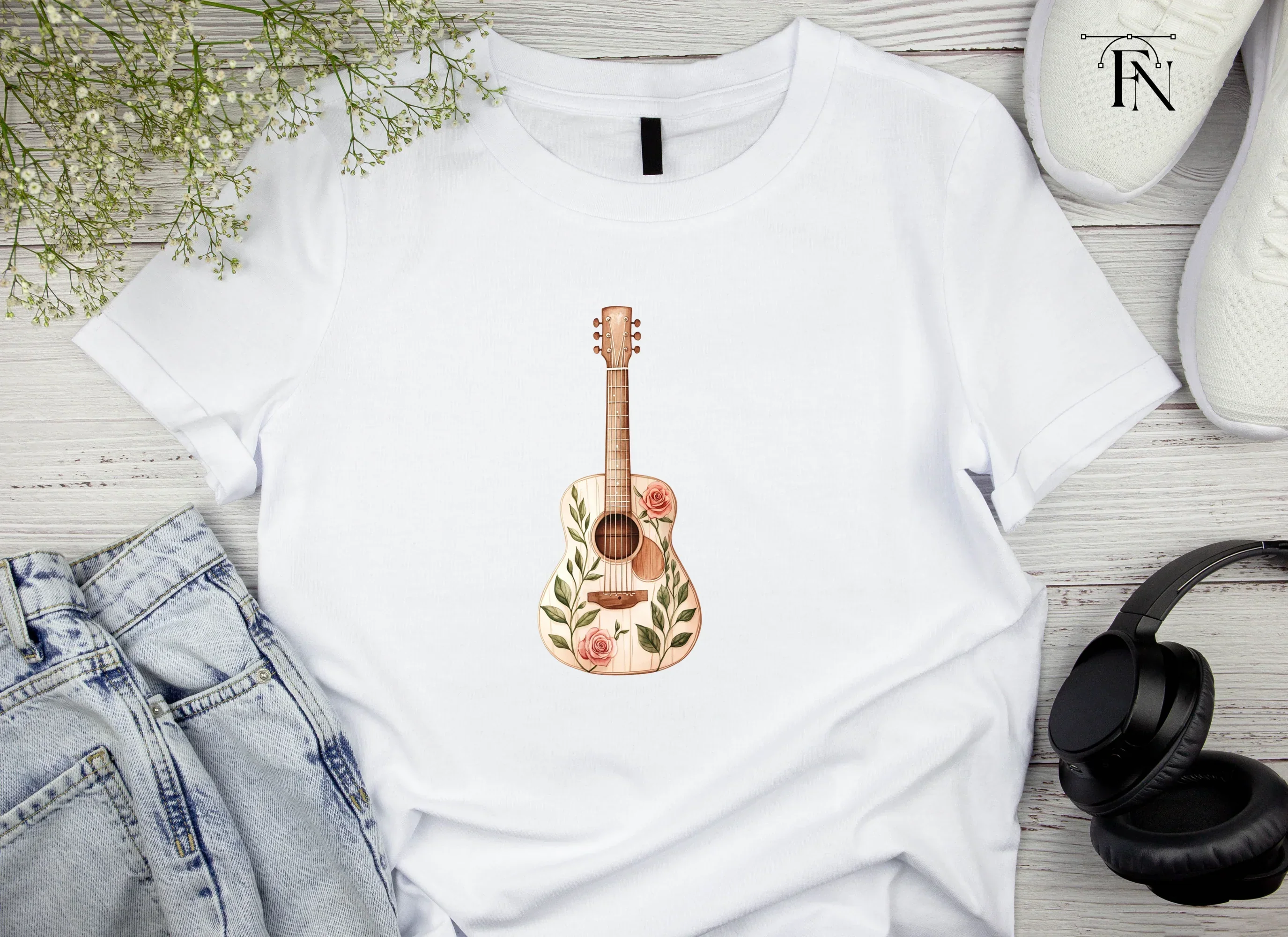 Rose Decorated Acoustic Guitar Clipart Bundle - Image 4