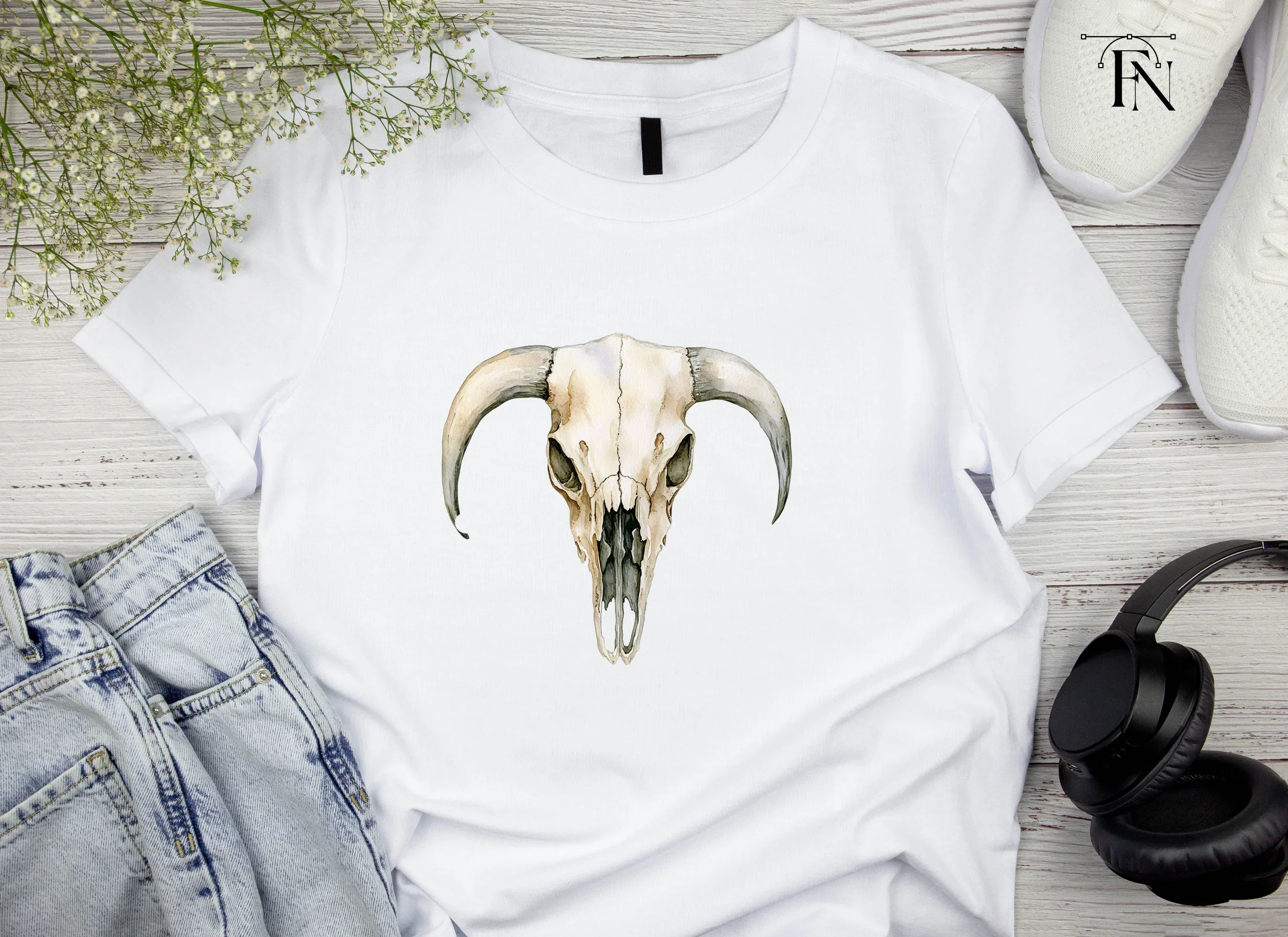Rustic Cow Skull Illustration Clipart Bundle - Image 3