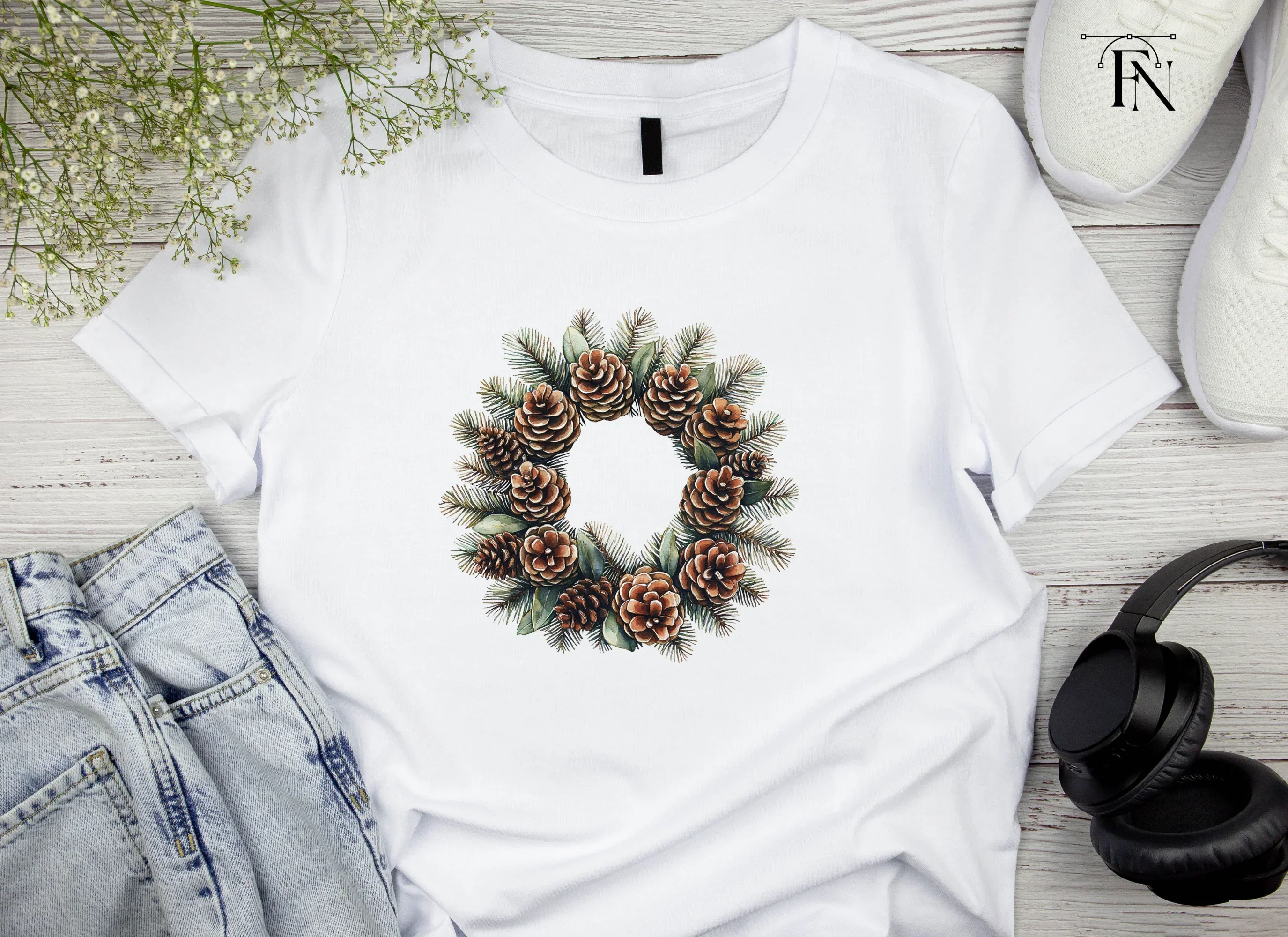 Rustic Pinecone Leaf Wreath Clipart Bundle - Image 4