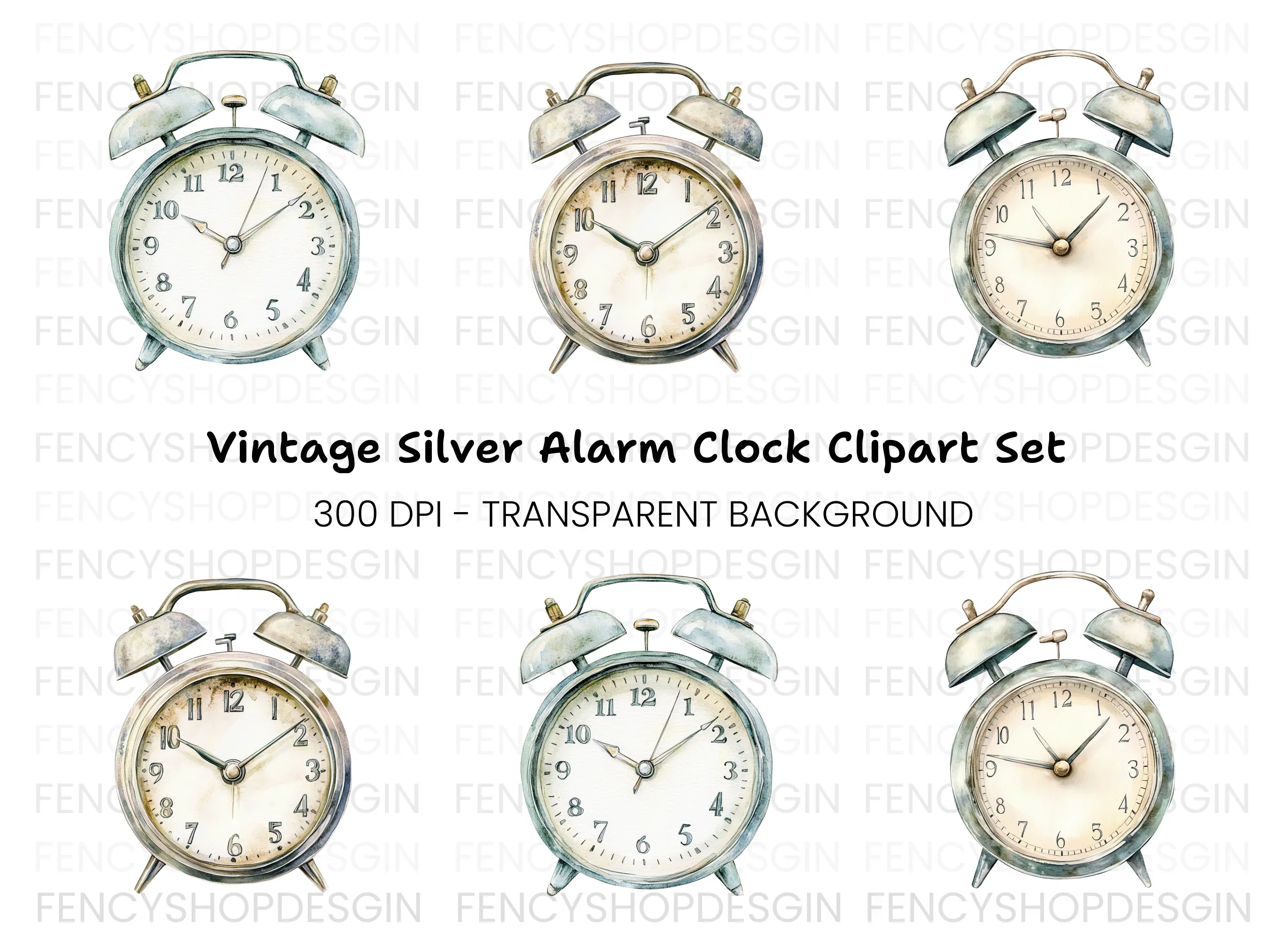 Rustic Silver Alarm Clock Clipart Bundle