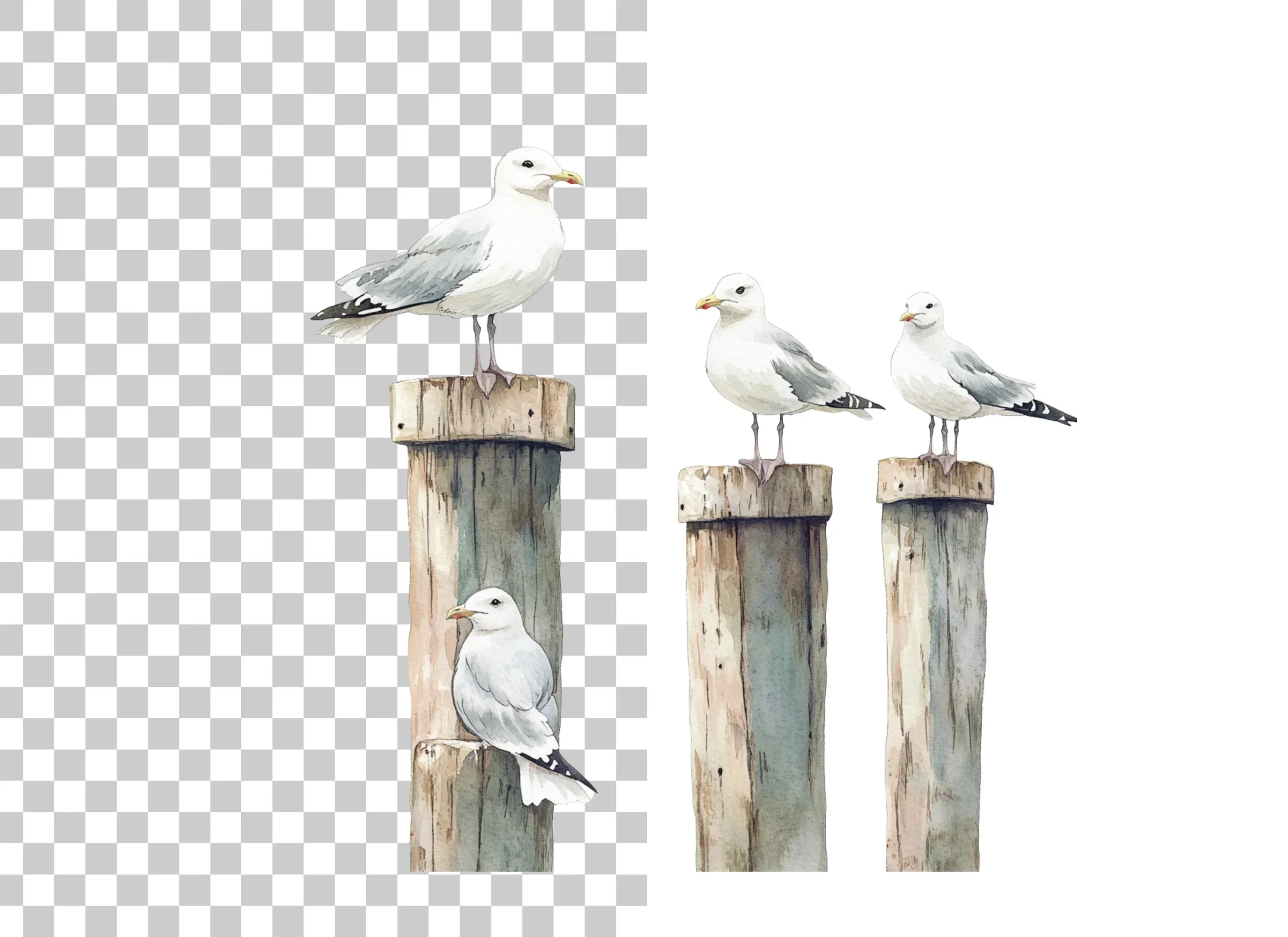 Seagulls on Pier Posts Clipart Bundle - Image 6