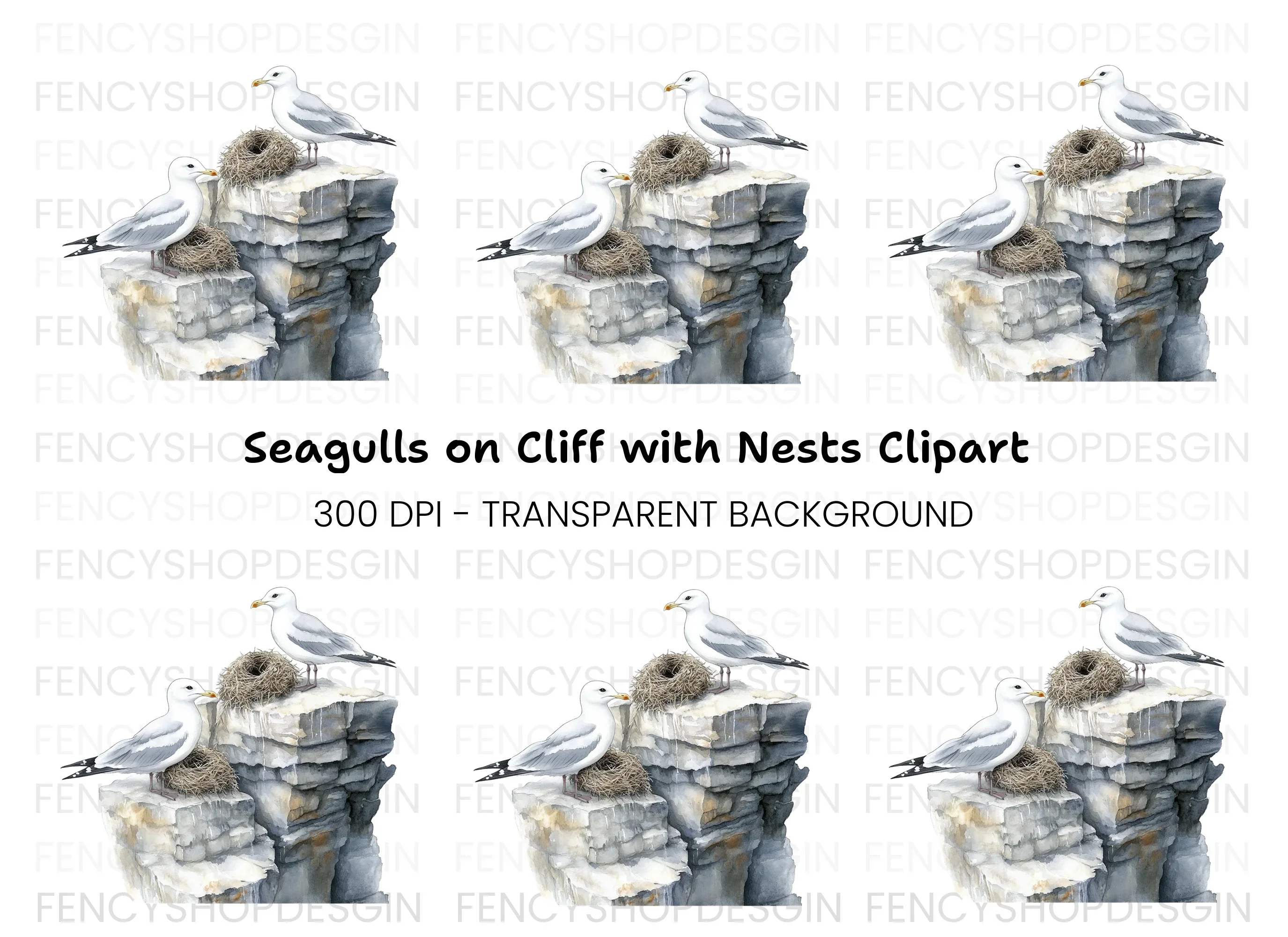Seagulls on Rocks with Nests Clipart Bundle