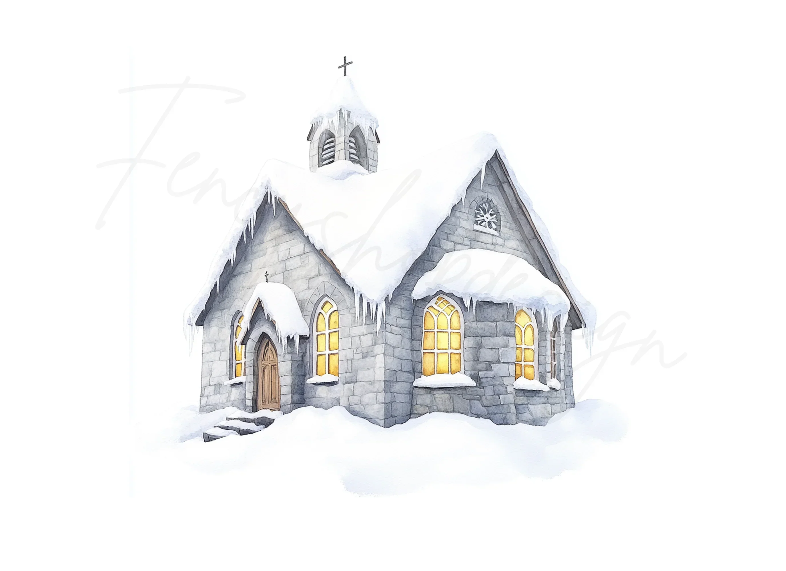 Snow Covered Stone Churches Clipart Bundle - Image 3