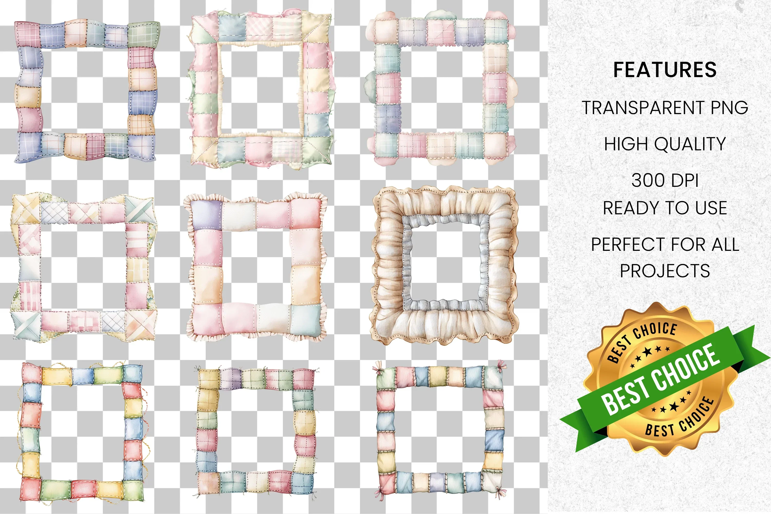 Soft Pastel Quilted Fabric Frames Clipart Bundle - Image 3