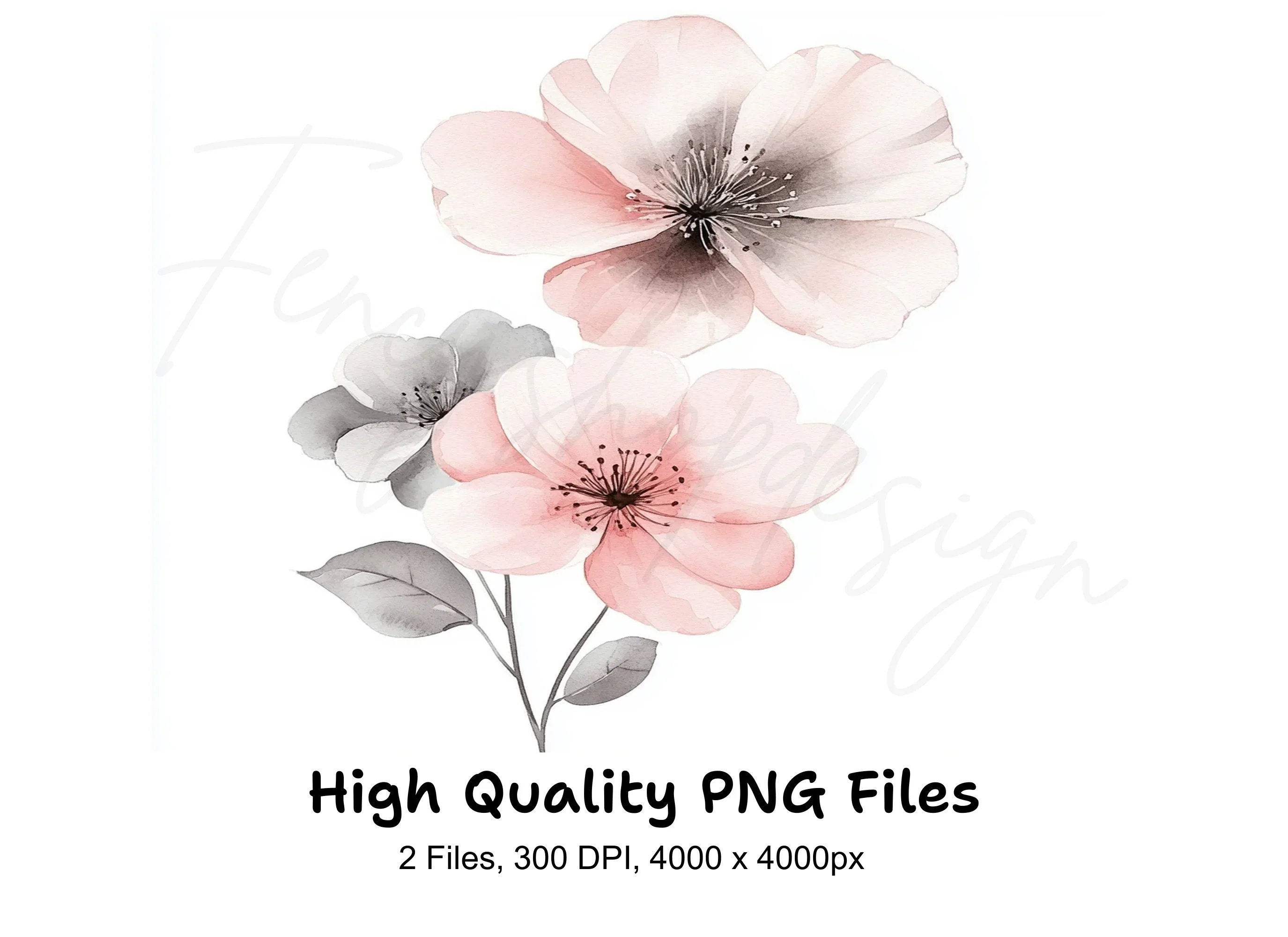 Soft Pink and Grey Flowers Clipart Bundle