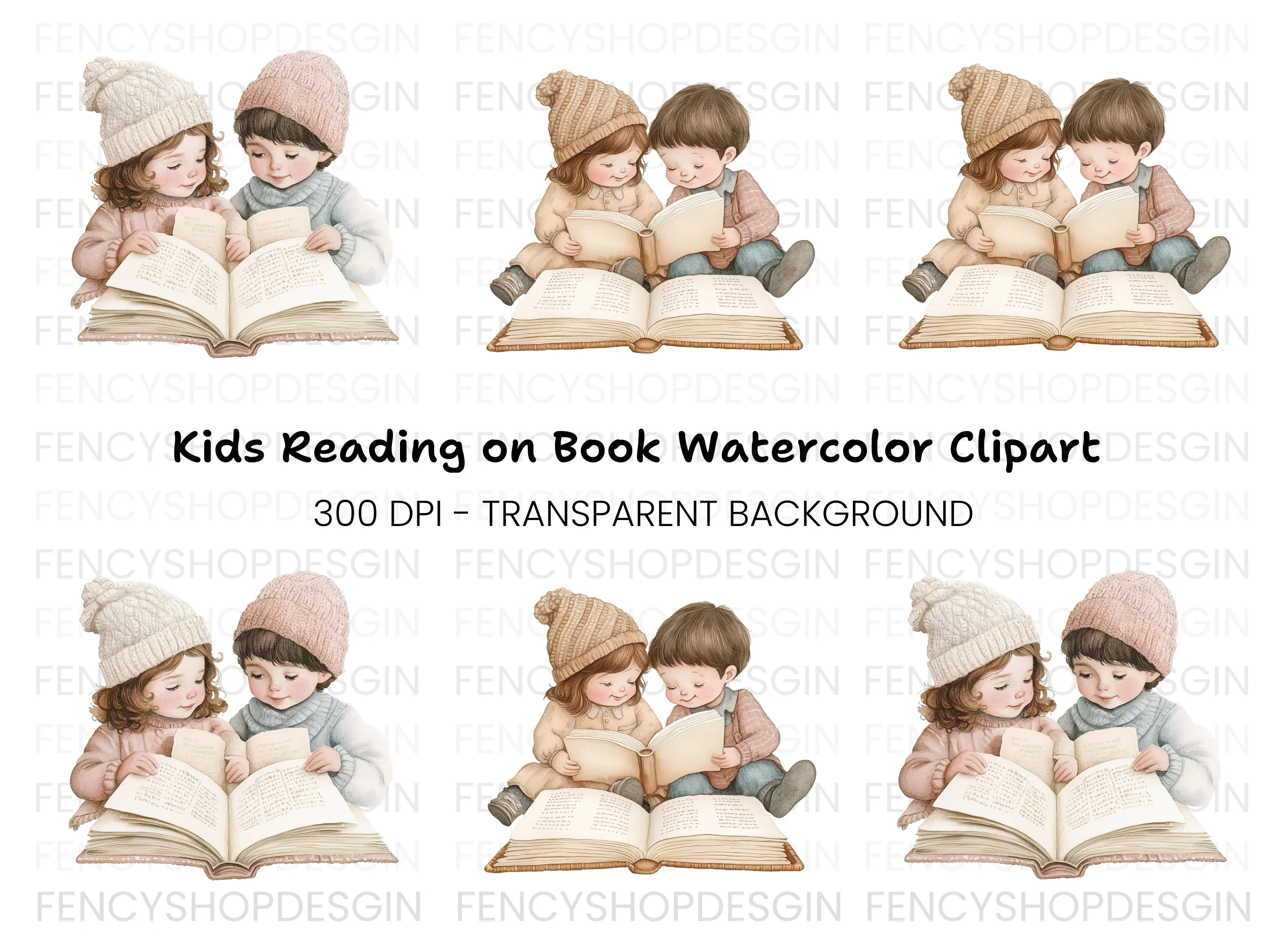 Sweet Children Reading Books Clipart Bundle