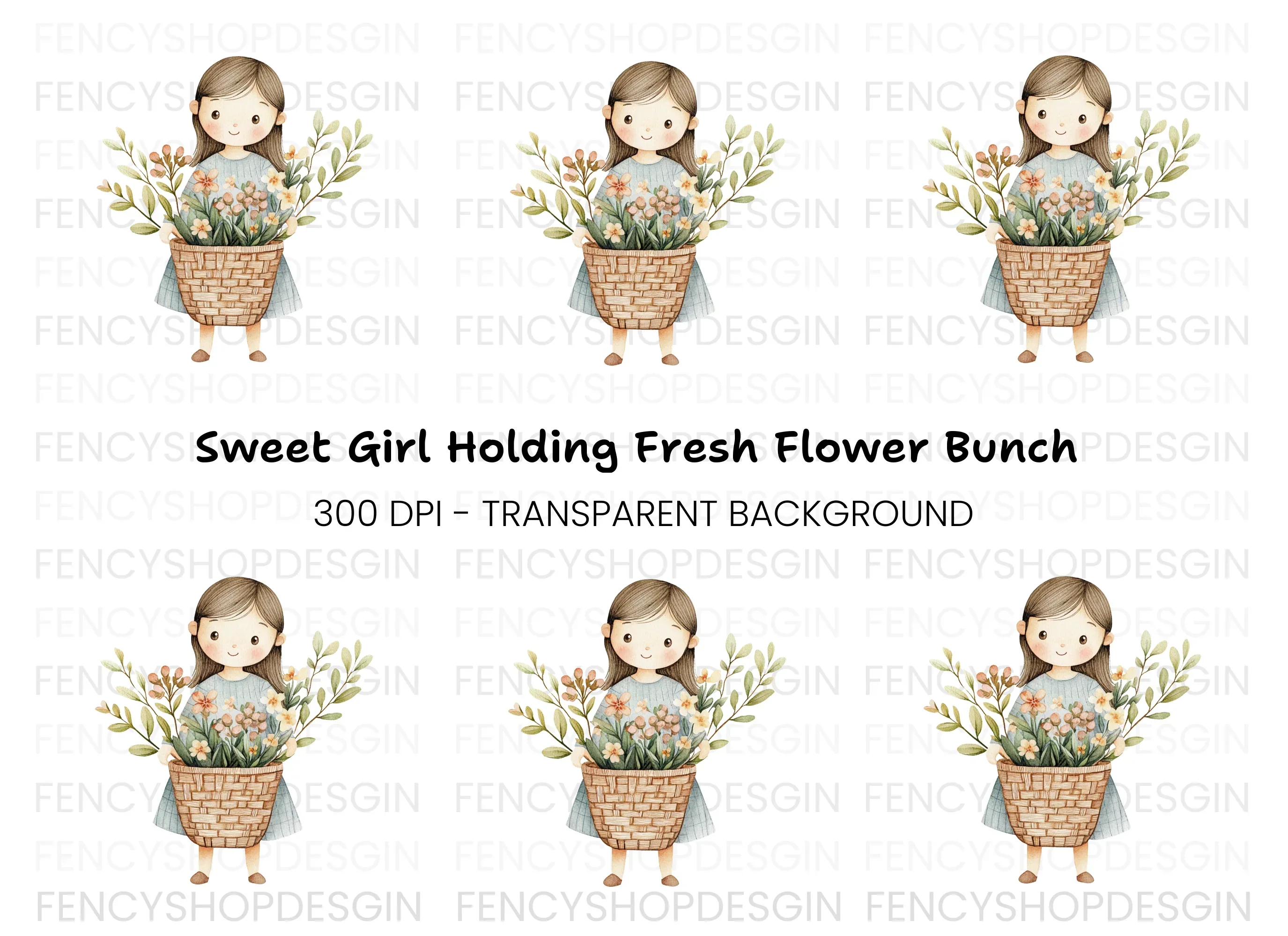 Sweet Girl with Flower Basket Clipart Bundle