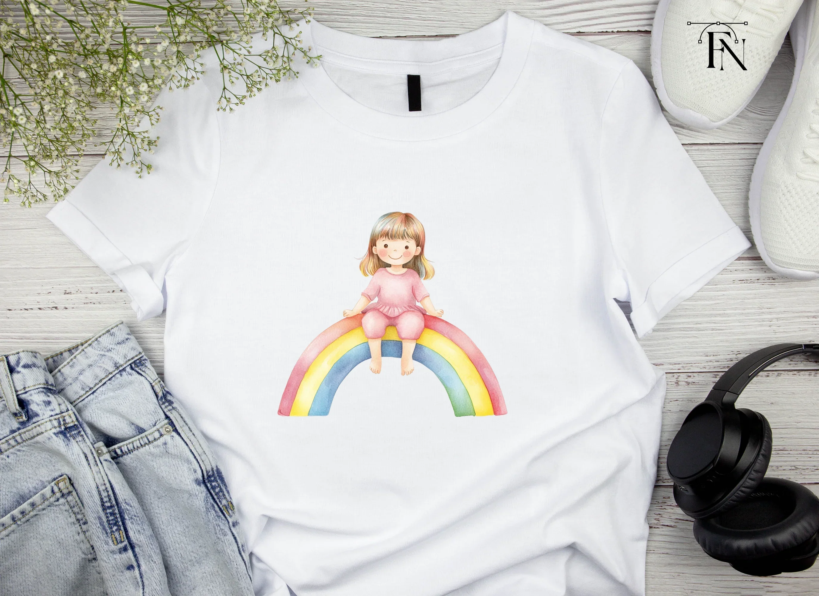Sweet Girls on Rainbow Clipart Bundle - Image 4