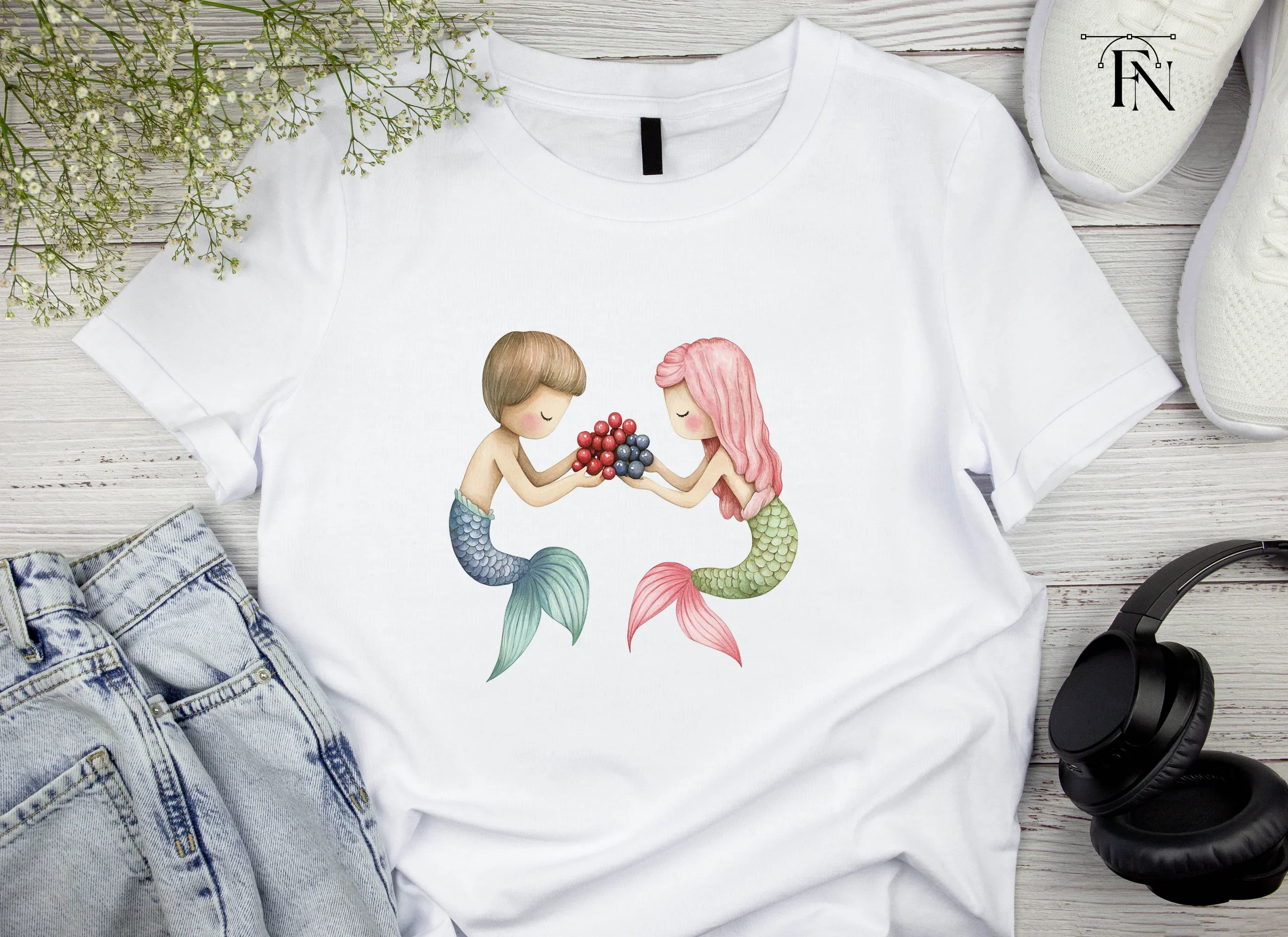 Sweet Mermaid Couple with Berries Clipart Bundle - Image 5
