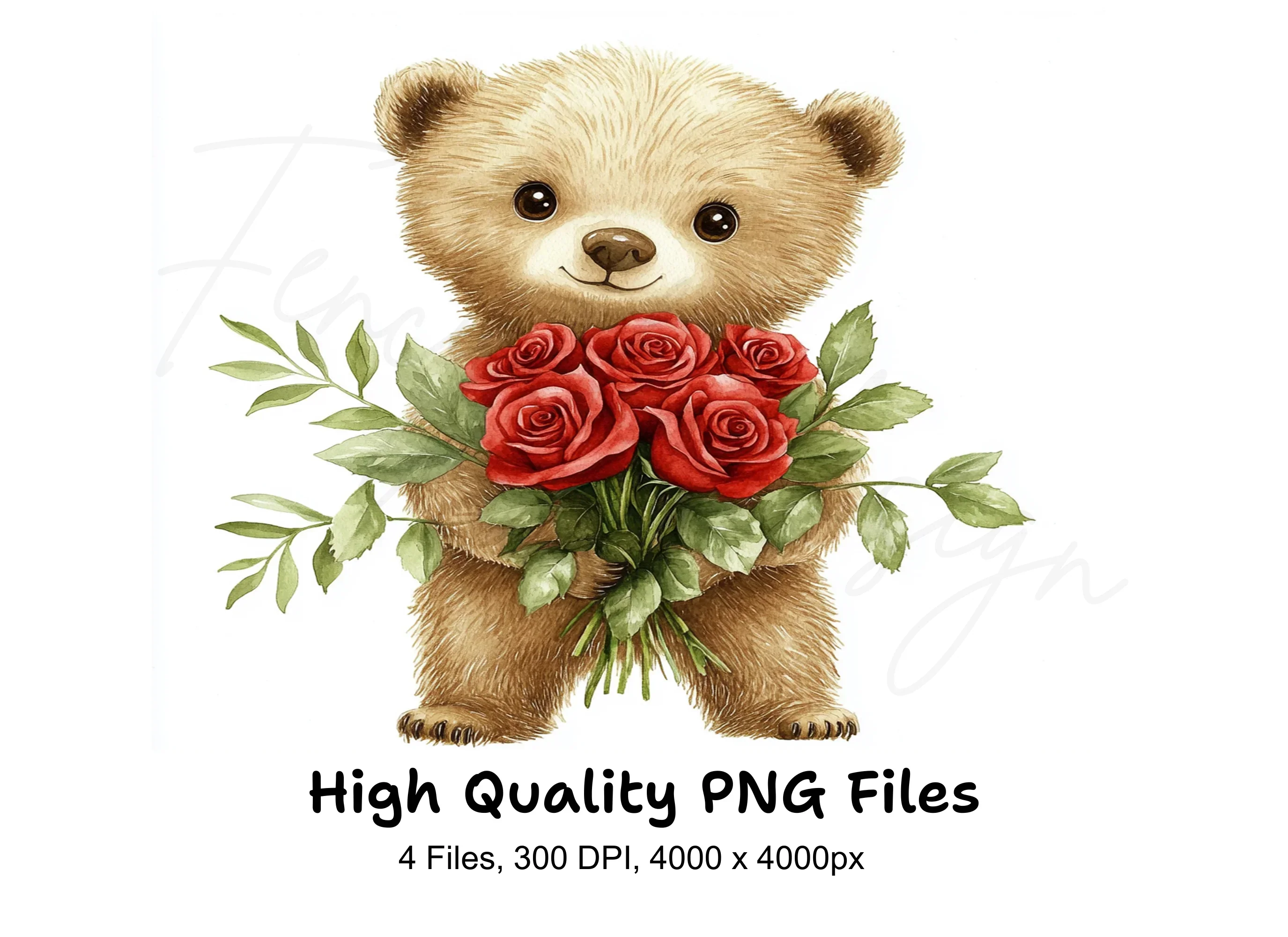 Sweet Teddy Bears with Rose Bouquets Clipart Bundle