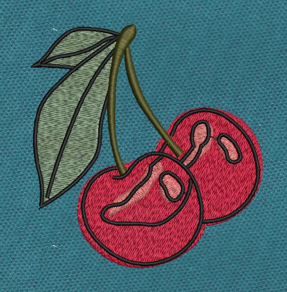 Twin Cherry Pair With Leaf Outline Red & Olive Embroidery Design