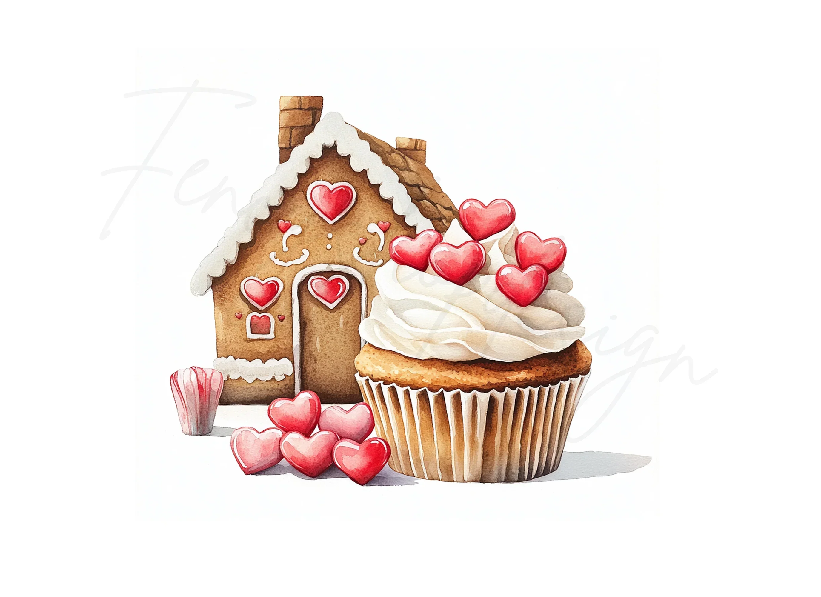 Valentine Gingerbread House Cupcakes Clipart Bundle - Image 3