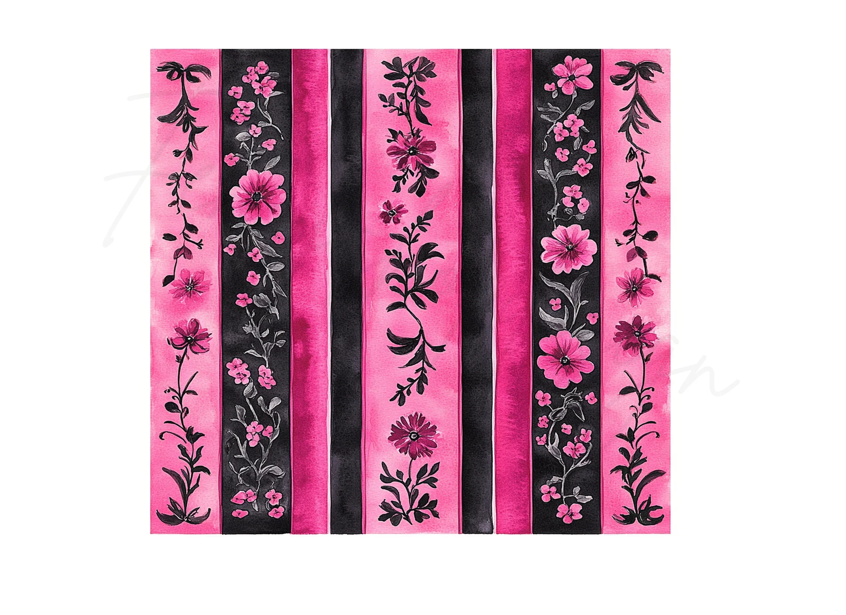 Vibrant Pink Black Floral Stripes Clipart Bundle - Image 3