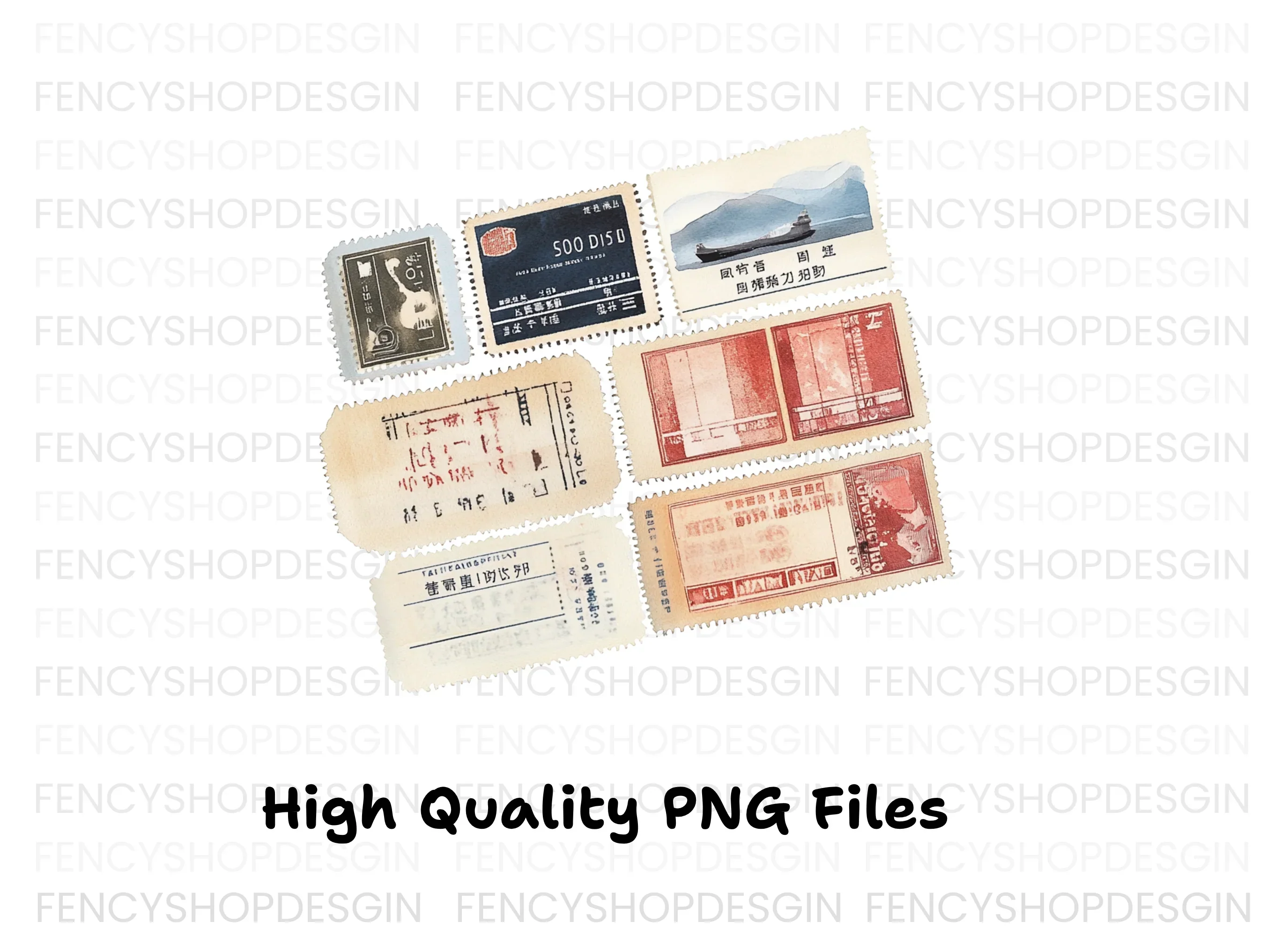 Vintage Asian Postage Stamps Clipart Bundle - Image 3
