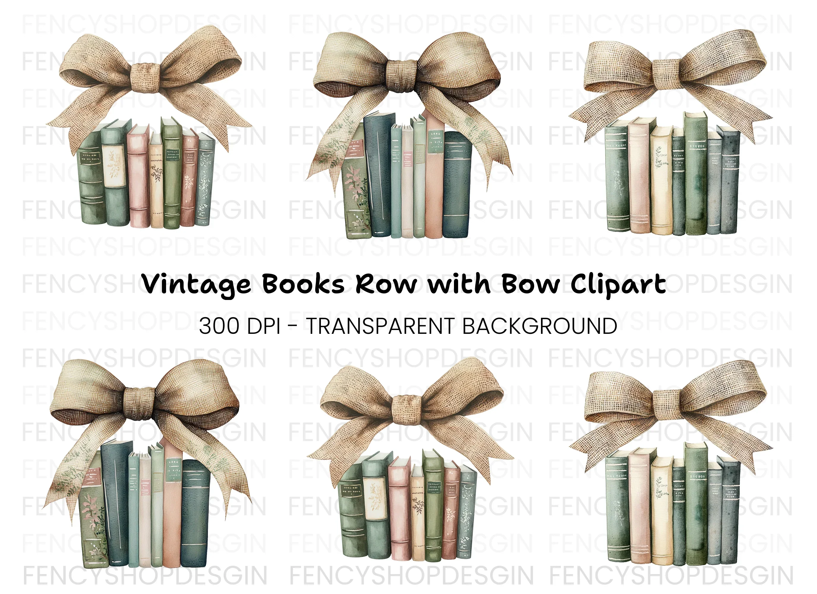 Vintage Books with Burlap Bow Clipart Bundle