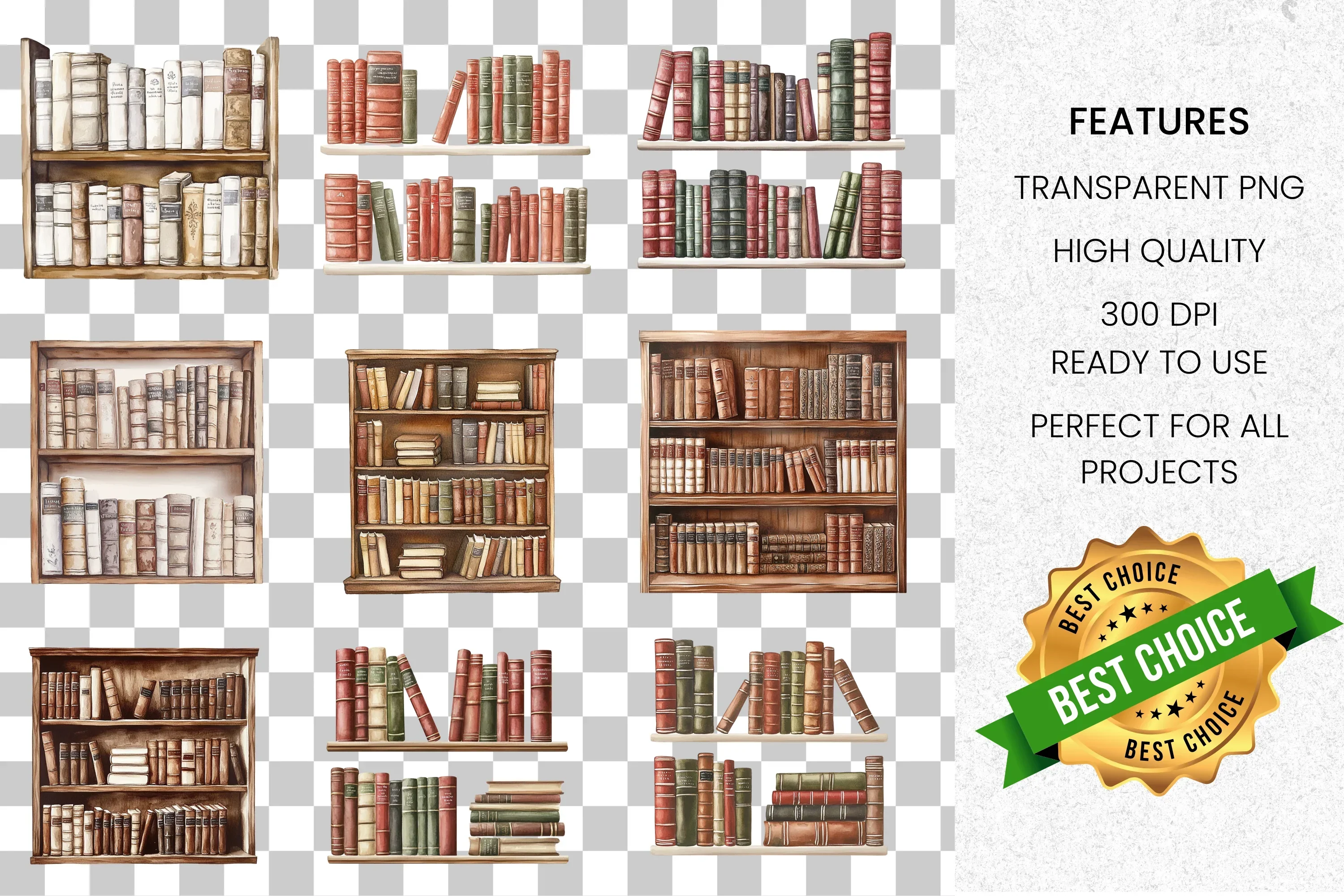 Vintage Bookshelf Clipart Bundle - Image 2