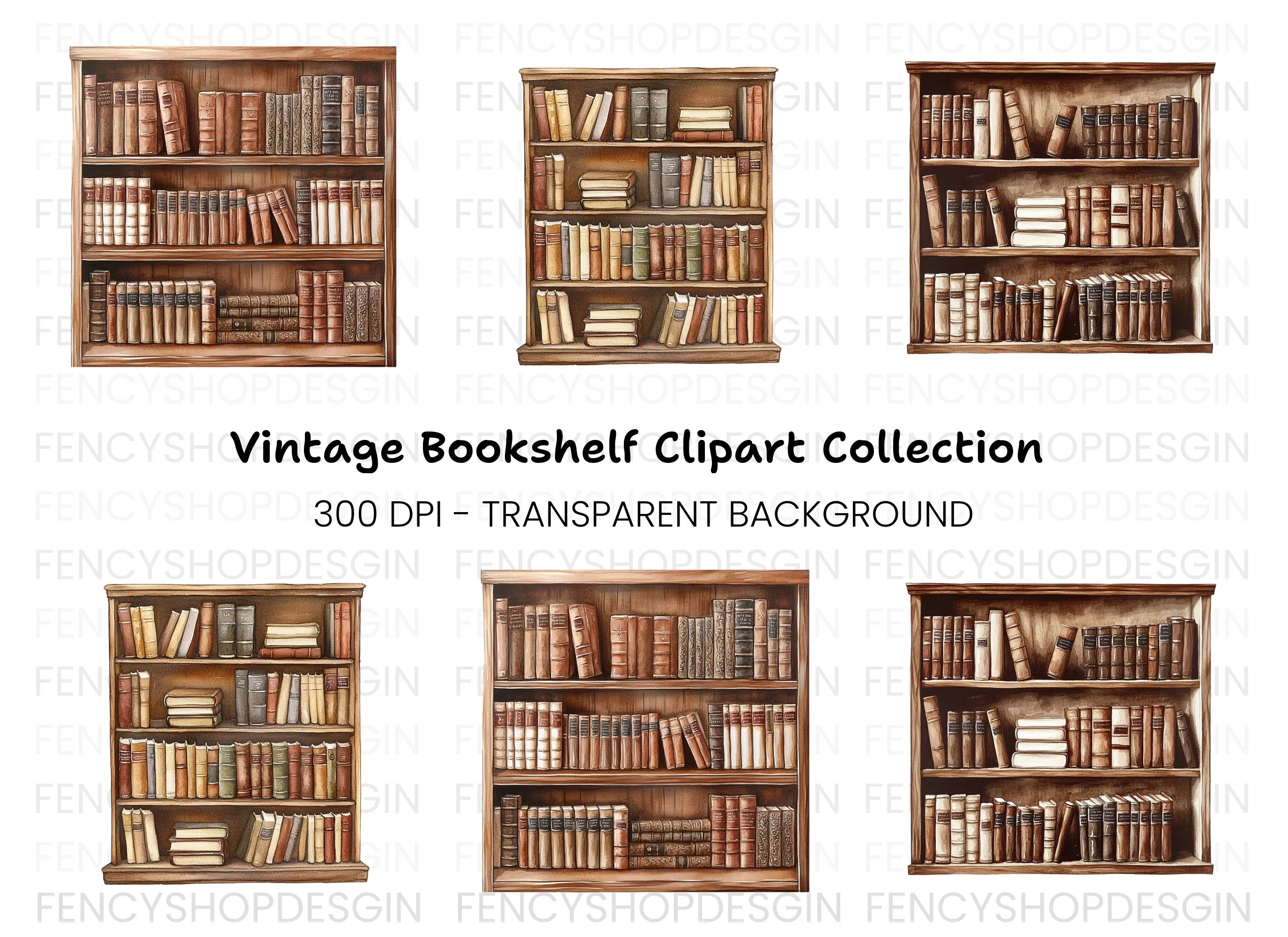 Vintage Bookshelf Clipart Bundle