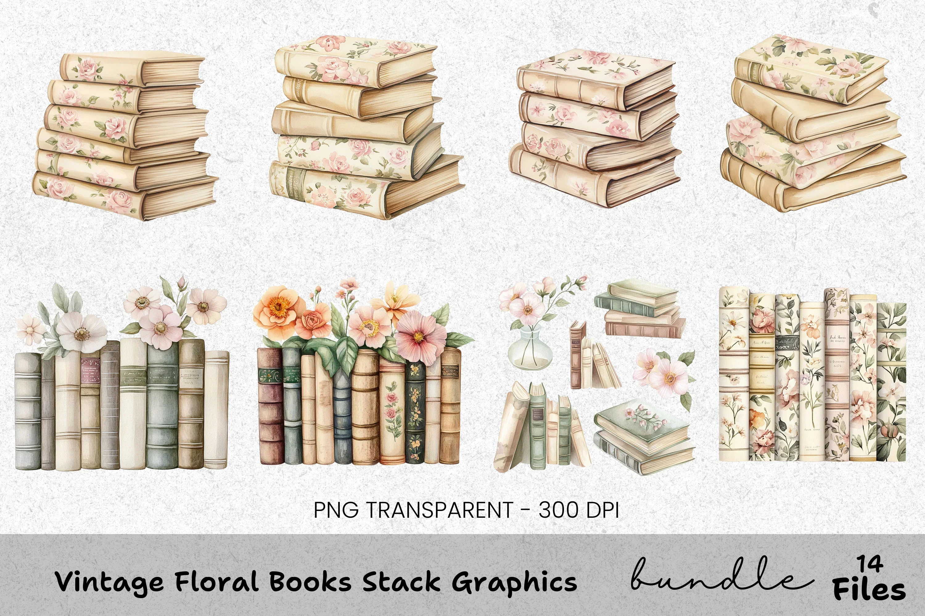 Vintage Floral Books Stack Clipart Bundle