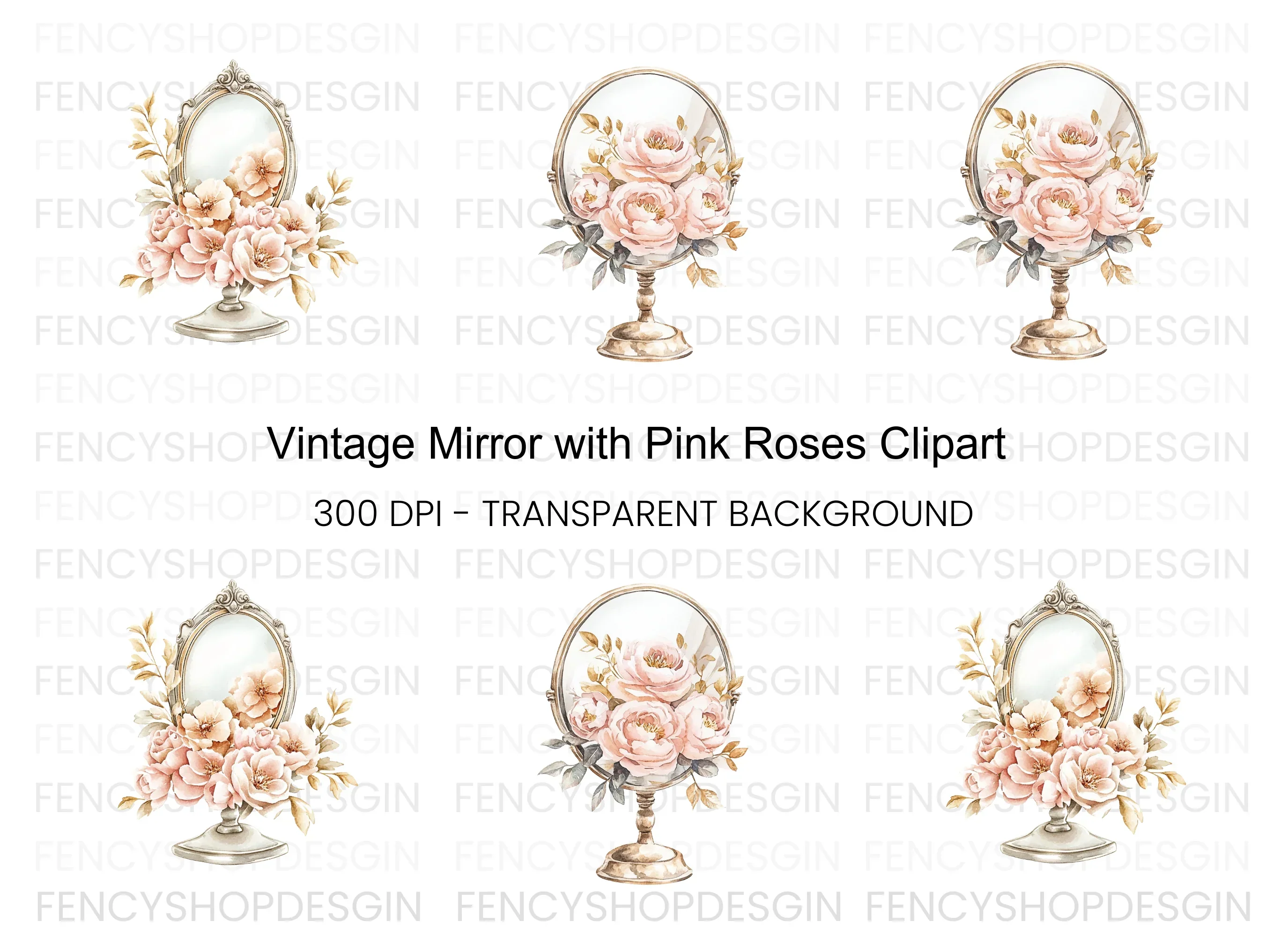Vintage Mirror with Pink Roses Clipart Bundle