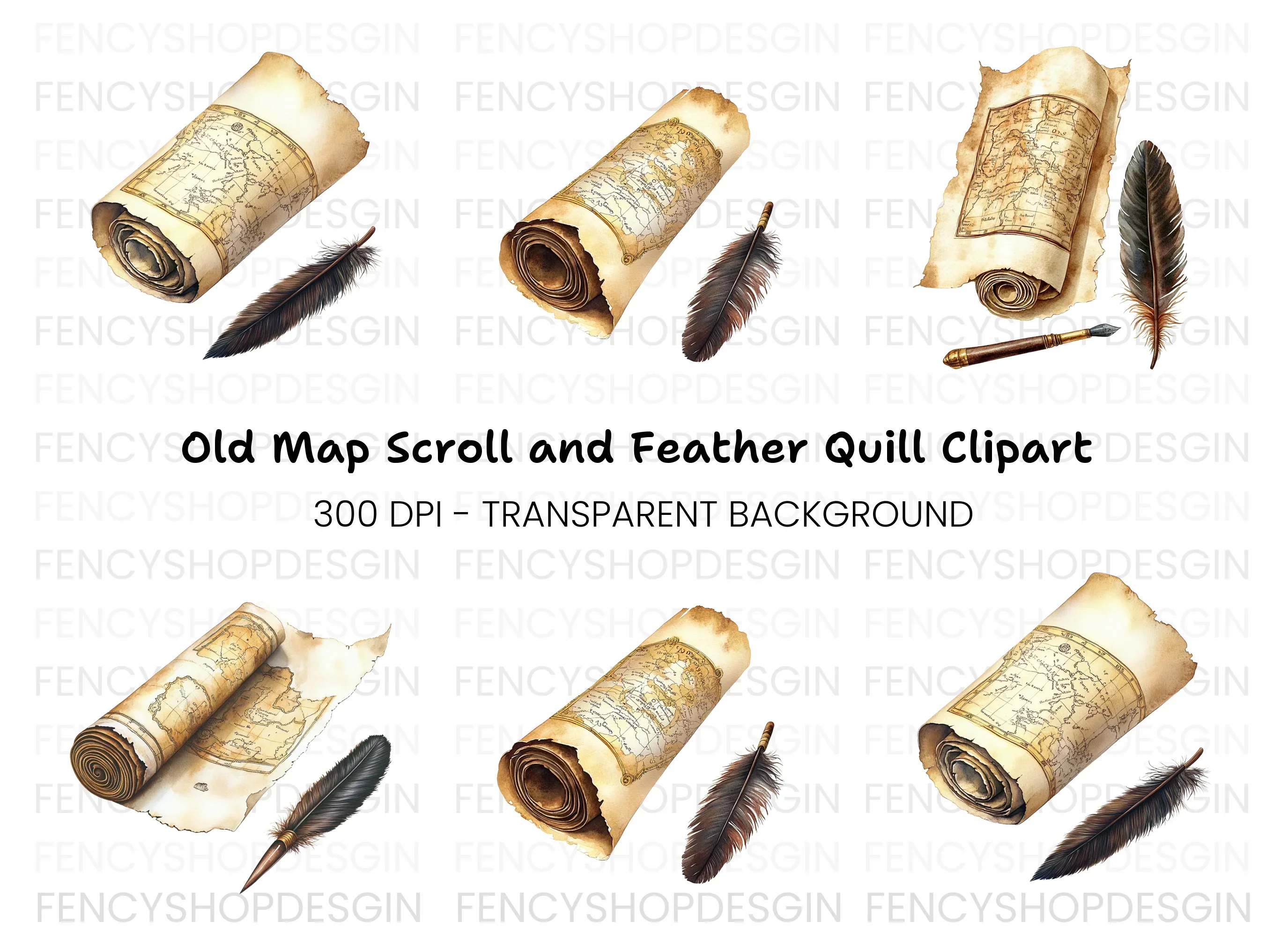 Vintage Scroll Maps & Quill Pen Clipart Bundle