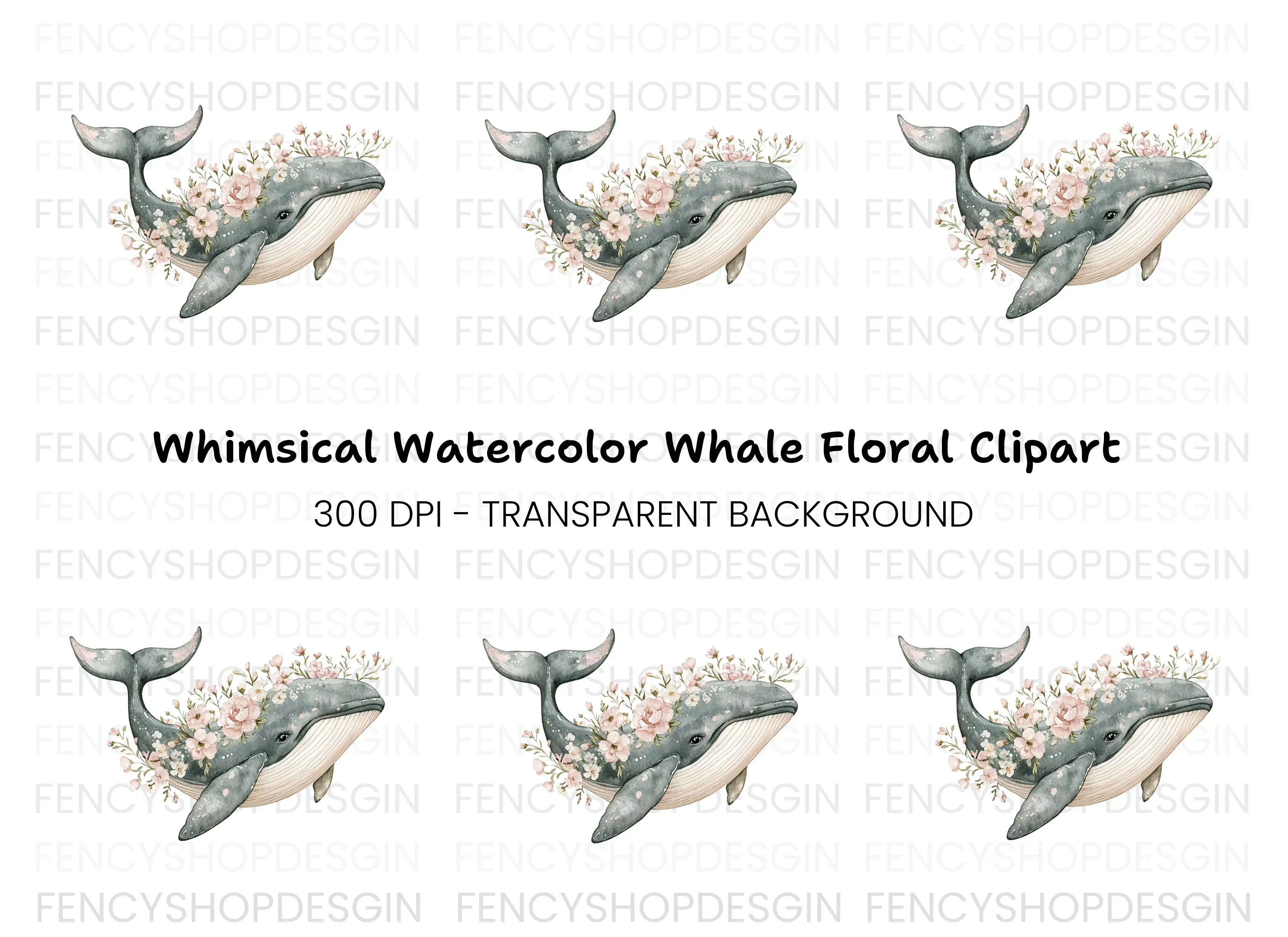 Whale with Flowers Clipart Bundle