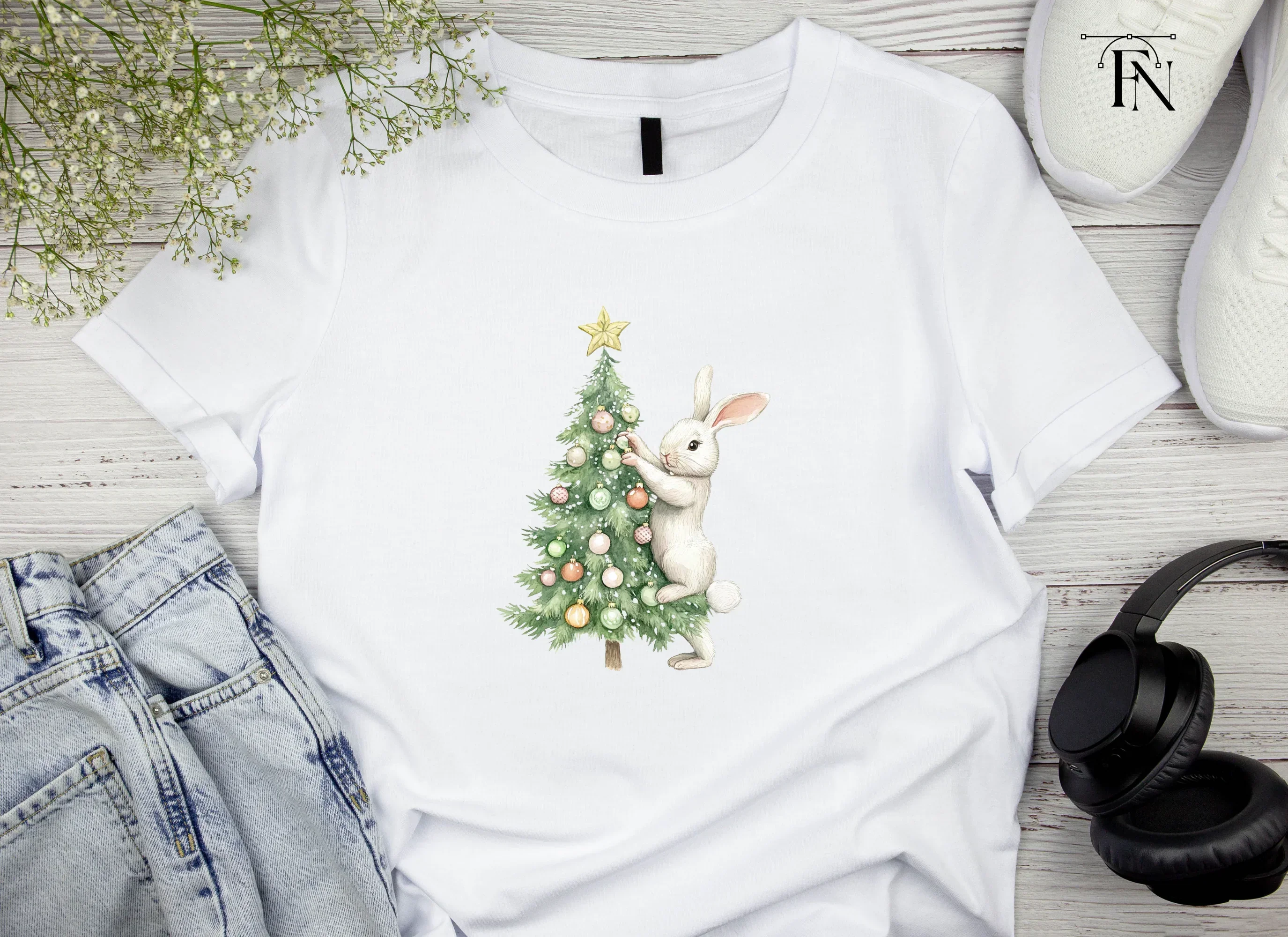 White Bunnies Decorating Christmas Tree Clipart Bundle - Image 3