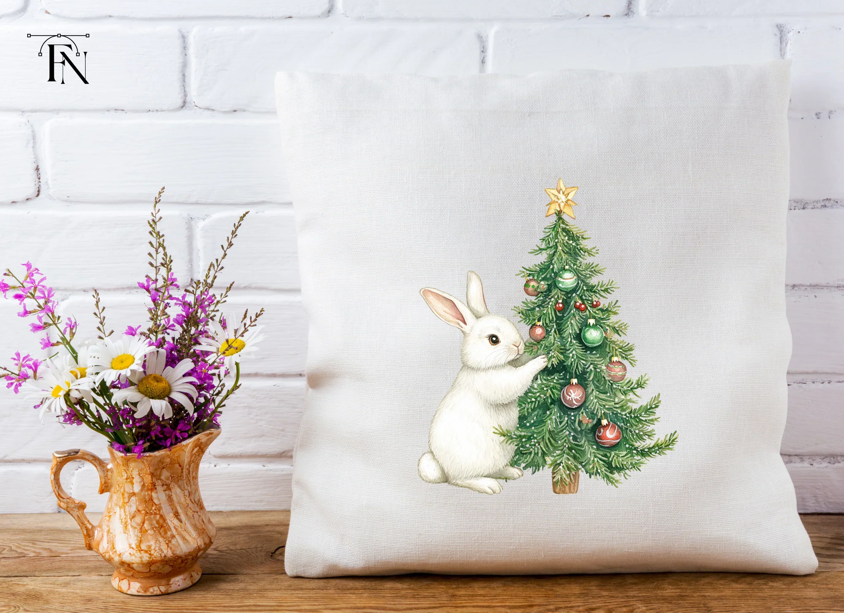 White Bunnies Decorating Christmas Tree Clipart Bundle - Image 4