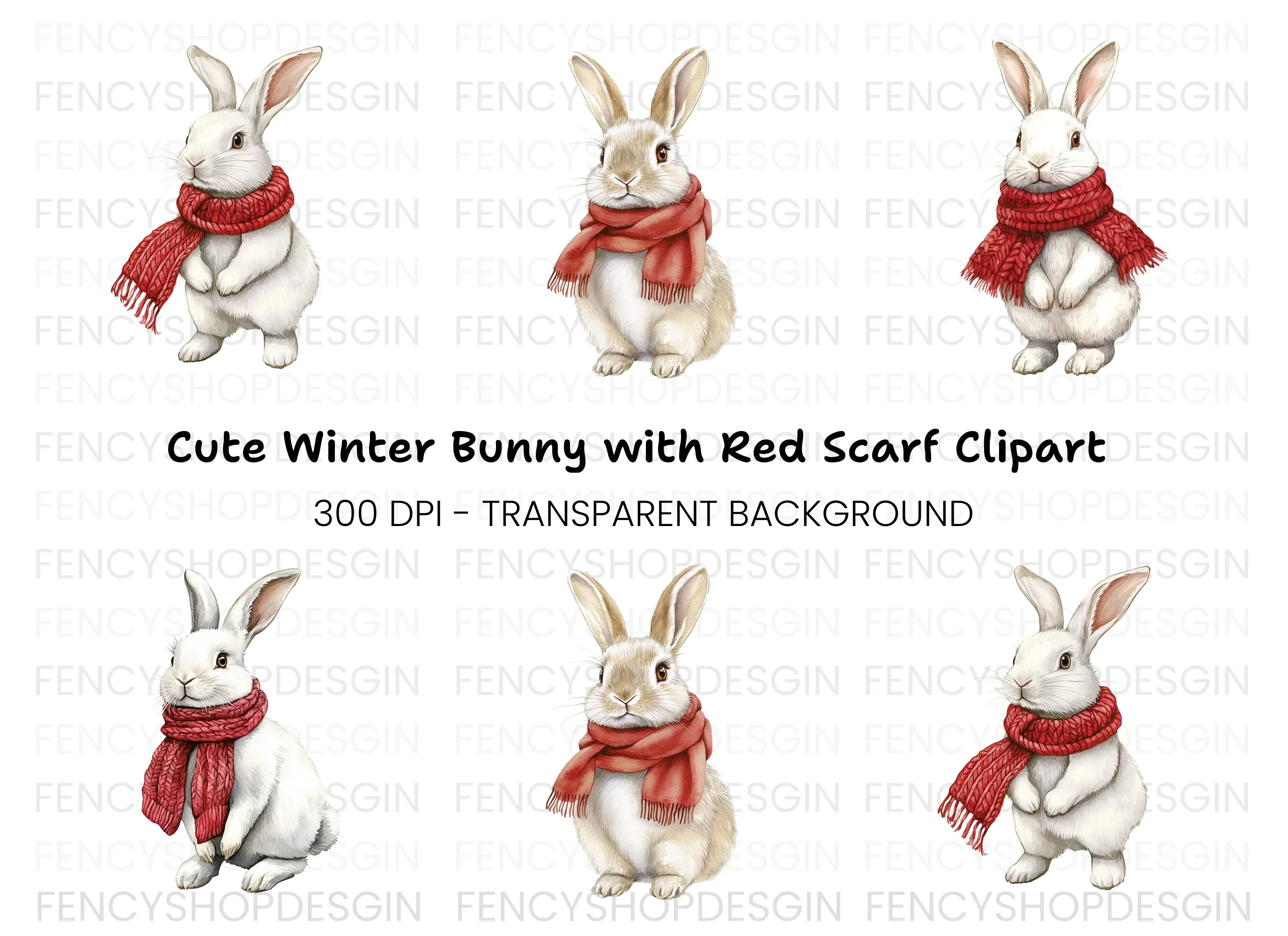 White Bunnies with Red Scarves Clipart Bundle