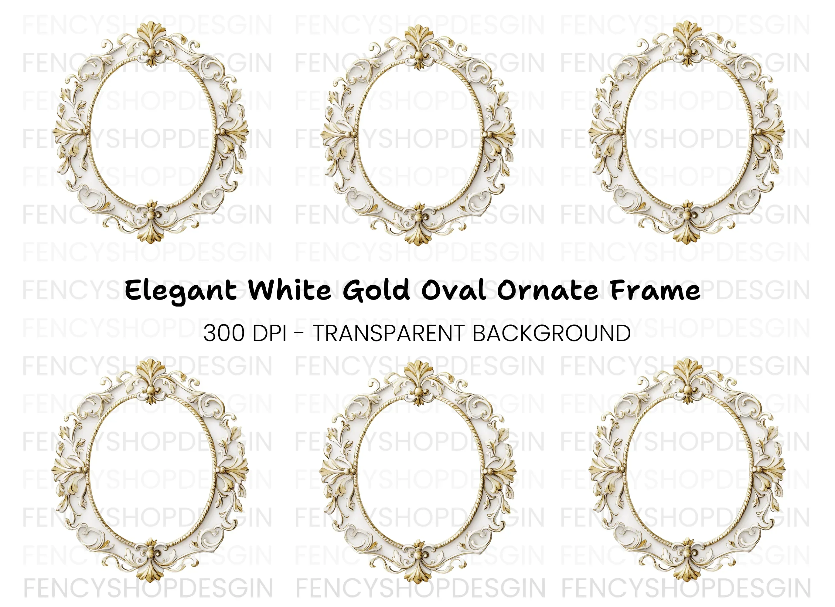 White Gold Ornate Oval Frame Clipart Bundle