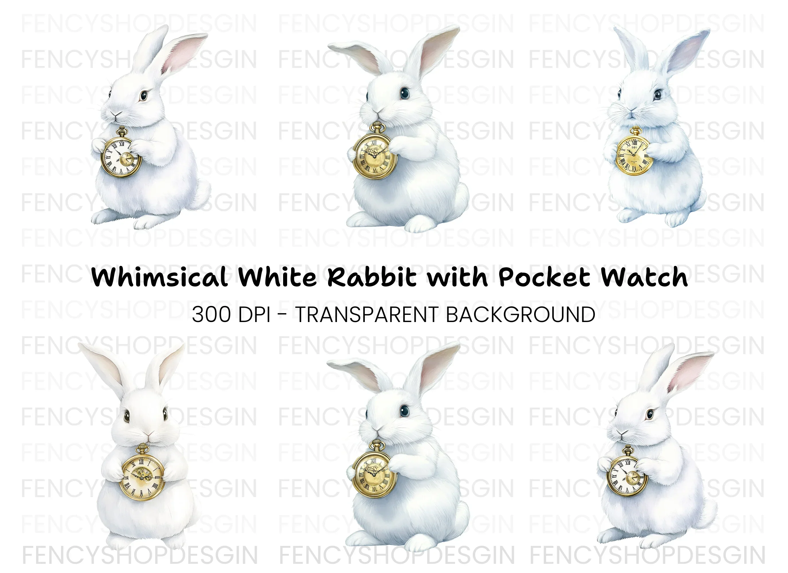 White Rabbit with Pocket Watch Clipart Bundle