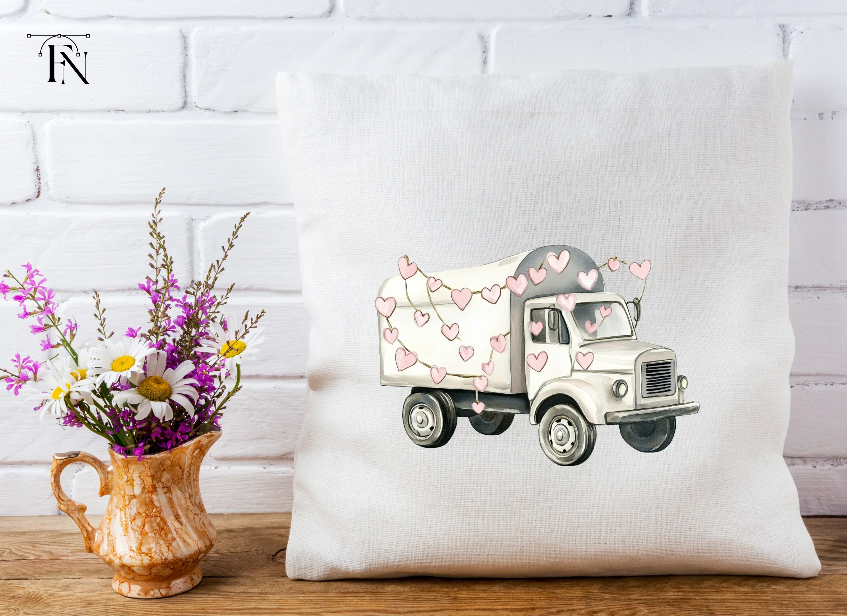 White Valentine Trucks with Heart Garlands Clipart Bundle - Image 4