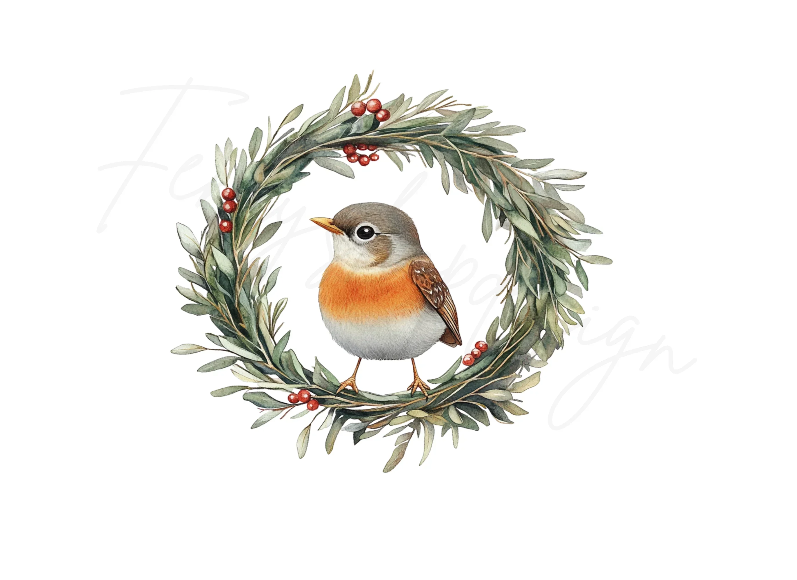 Winter Bird in Olive Wreath Clipart Bundle - Image 3