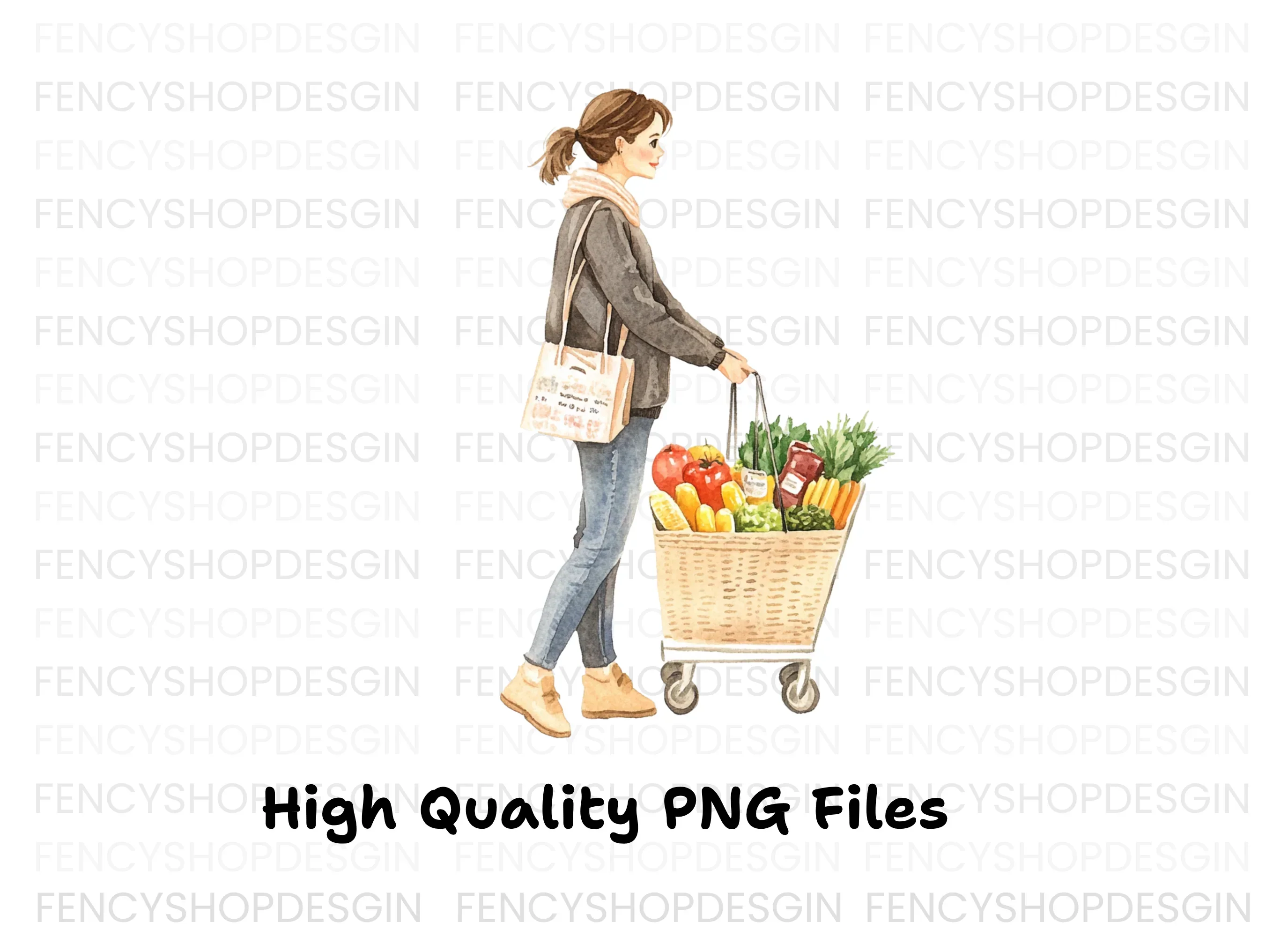 Woman Shopping with Grocery Cart Clipart Bundle - Image 3