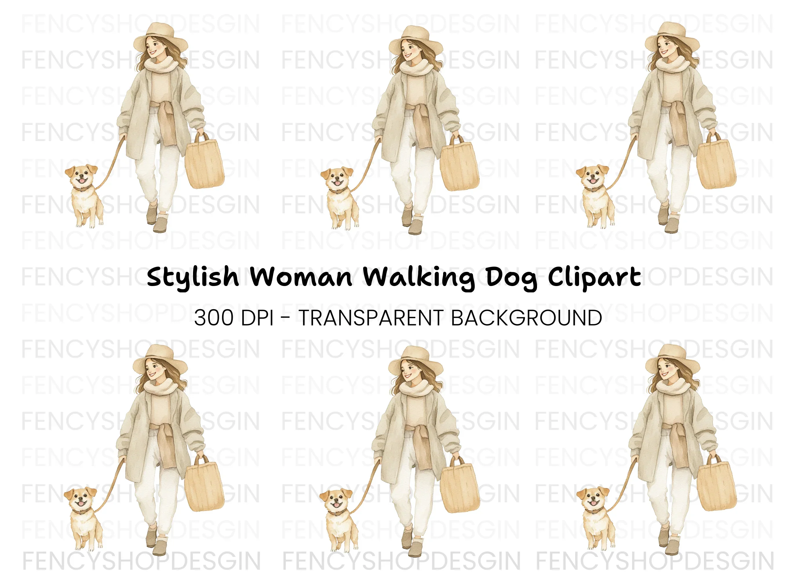 Woman Walking Dog Clipart Bundle